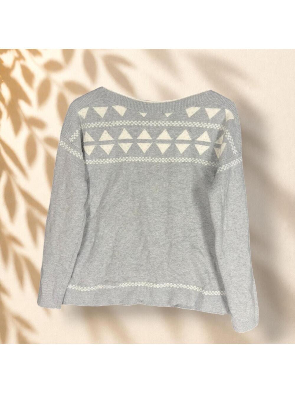 Loft Sweater Pullover Women M Medium Gray Geometric Long Sleeve Knit Cozy